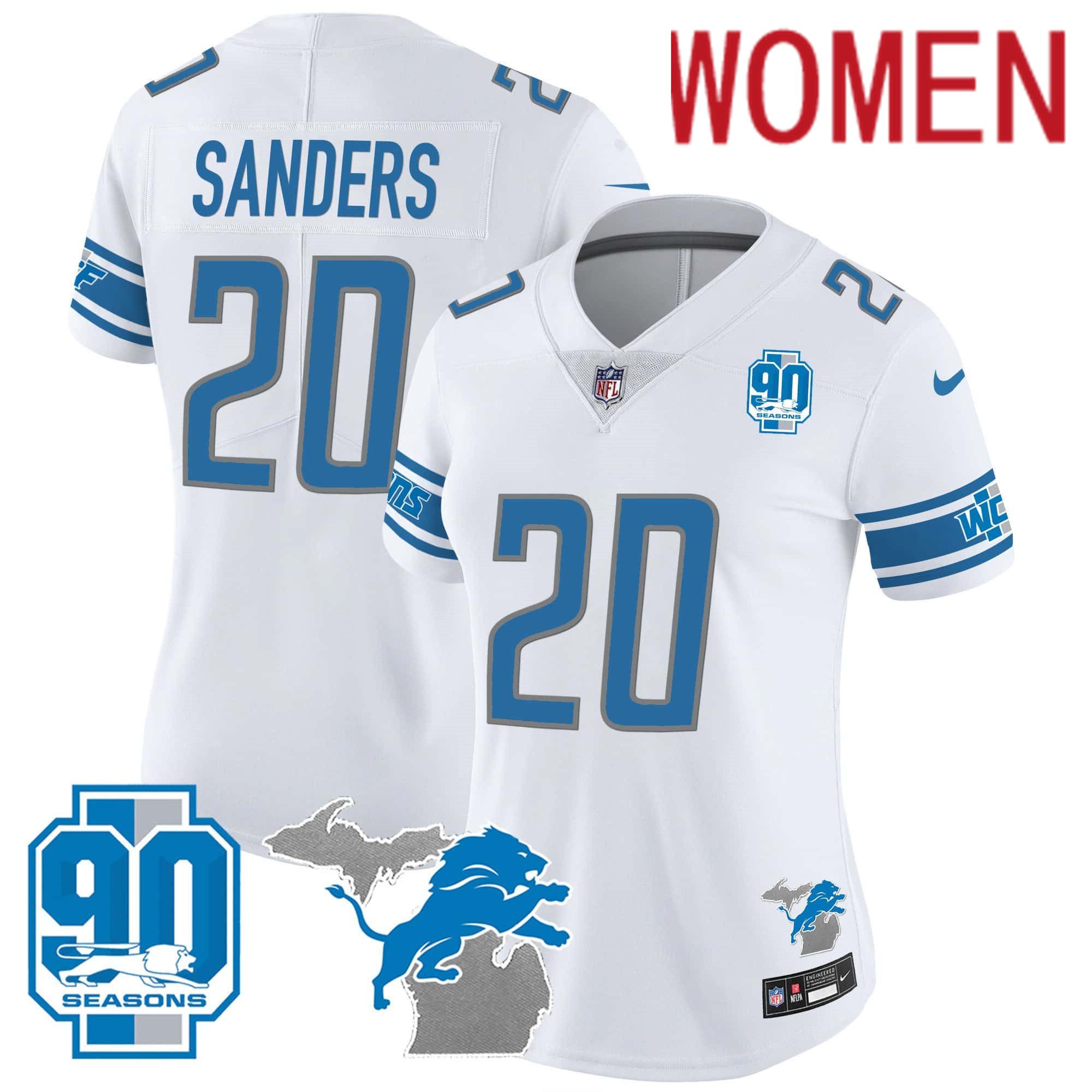 Women Detroit Lions #20 Sanders White 2024 Nike 90th Year Michigan Patch Vapor NFL Jersey->women nfl jersey->Women Jersey